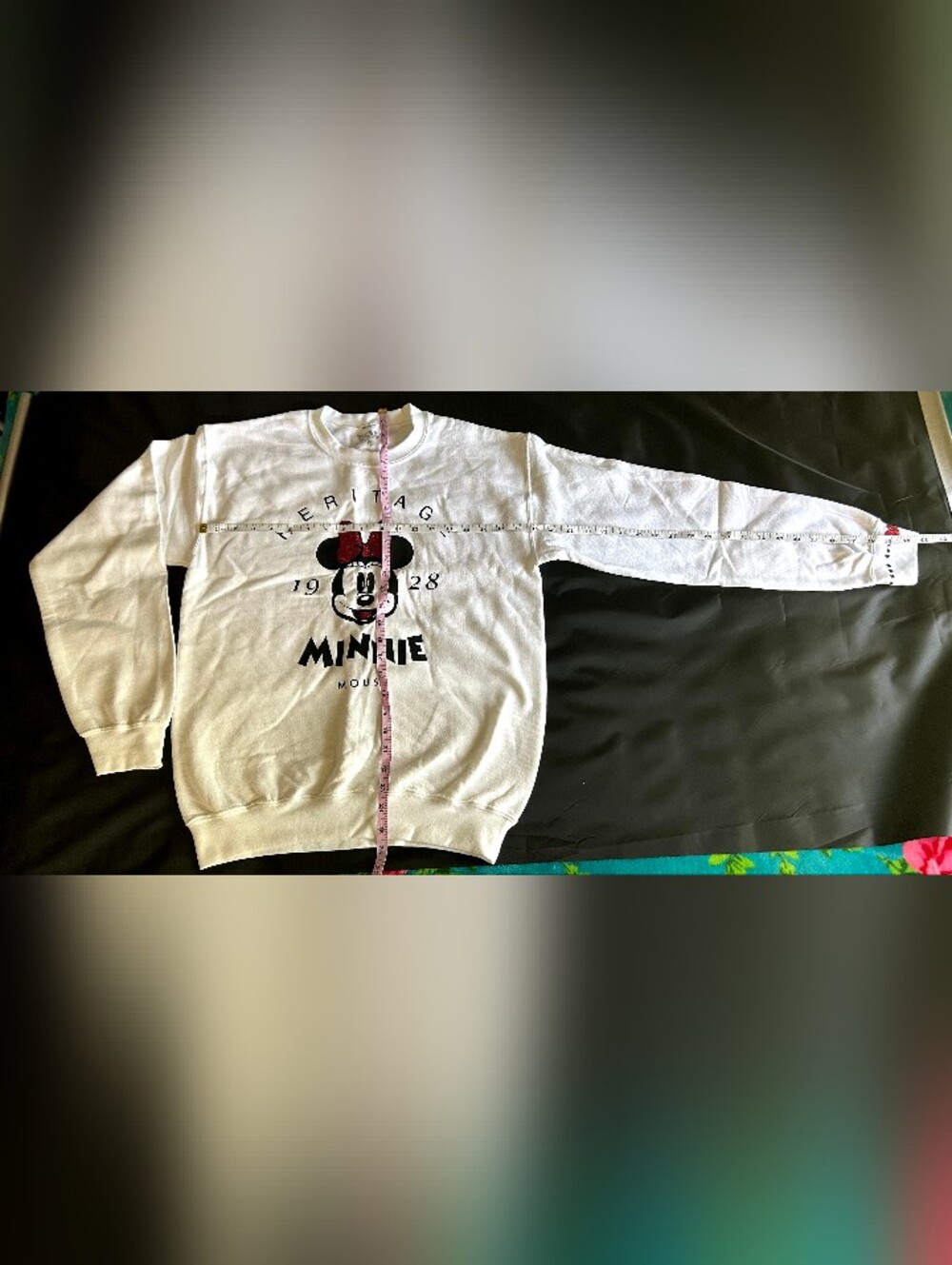 Disney White Kids Sweatshirt with Black Minnie Graphic and Red Bow Accent